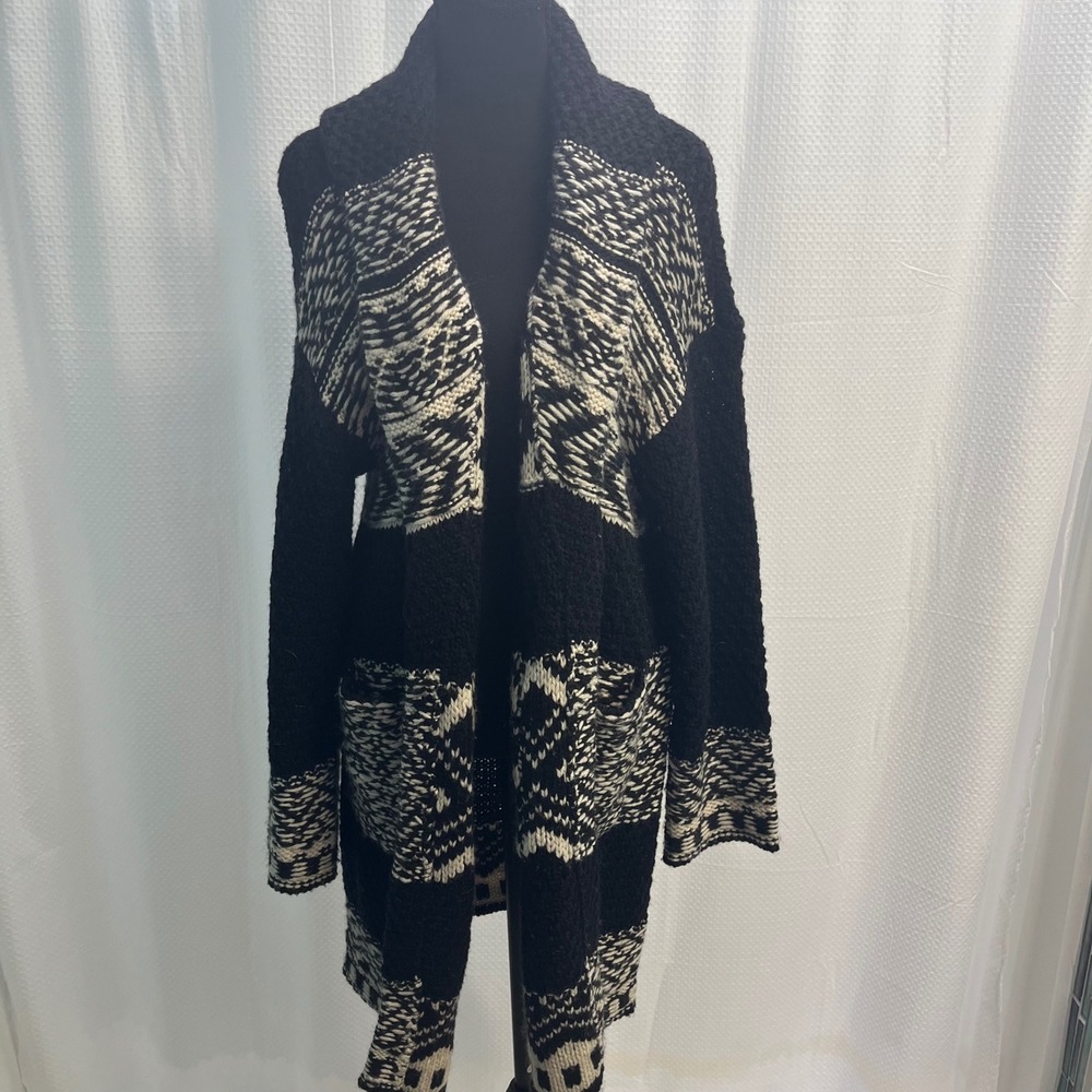 Womens Black Cream Lucky Brand Shawl Collar Open Front Longline Cardigan Small